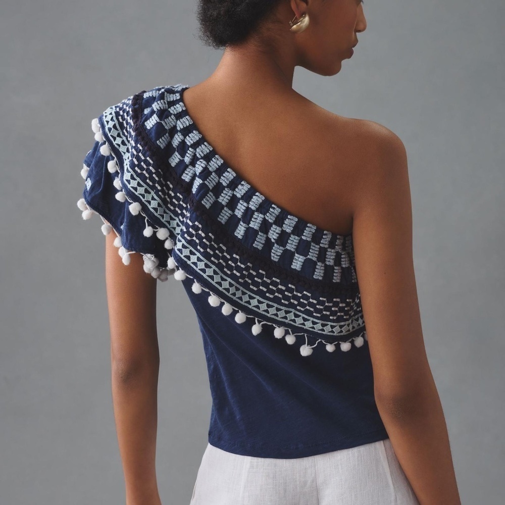 NWT By Anthropologie Pom-Tassel One-Shoulder Top Large - Picture 3 of 9